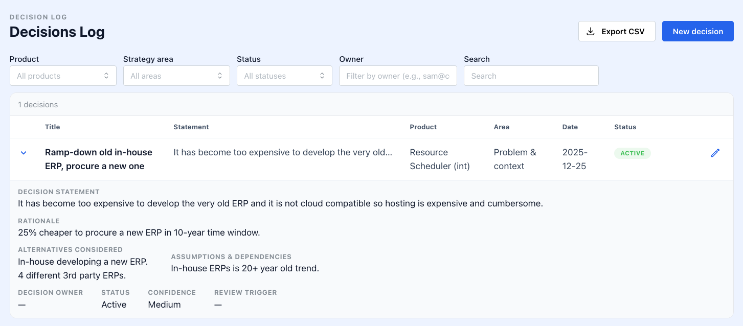 Decision log table view