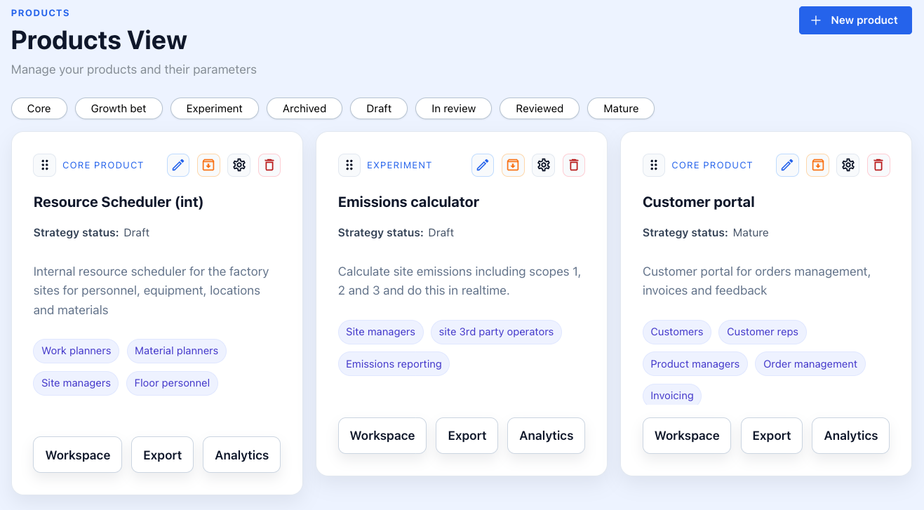Products view with product cards